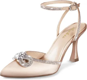 Ankis Women's Rhinestone Bow Heels Closed Toe Pumps Strappy Heels for Women