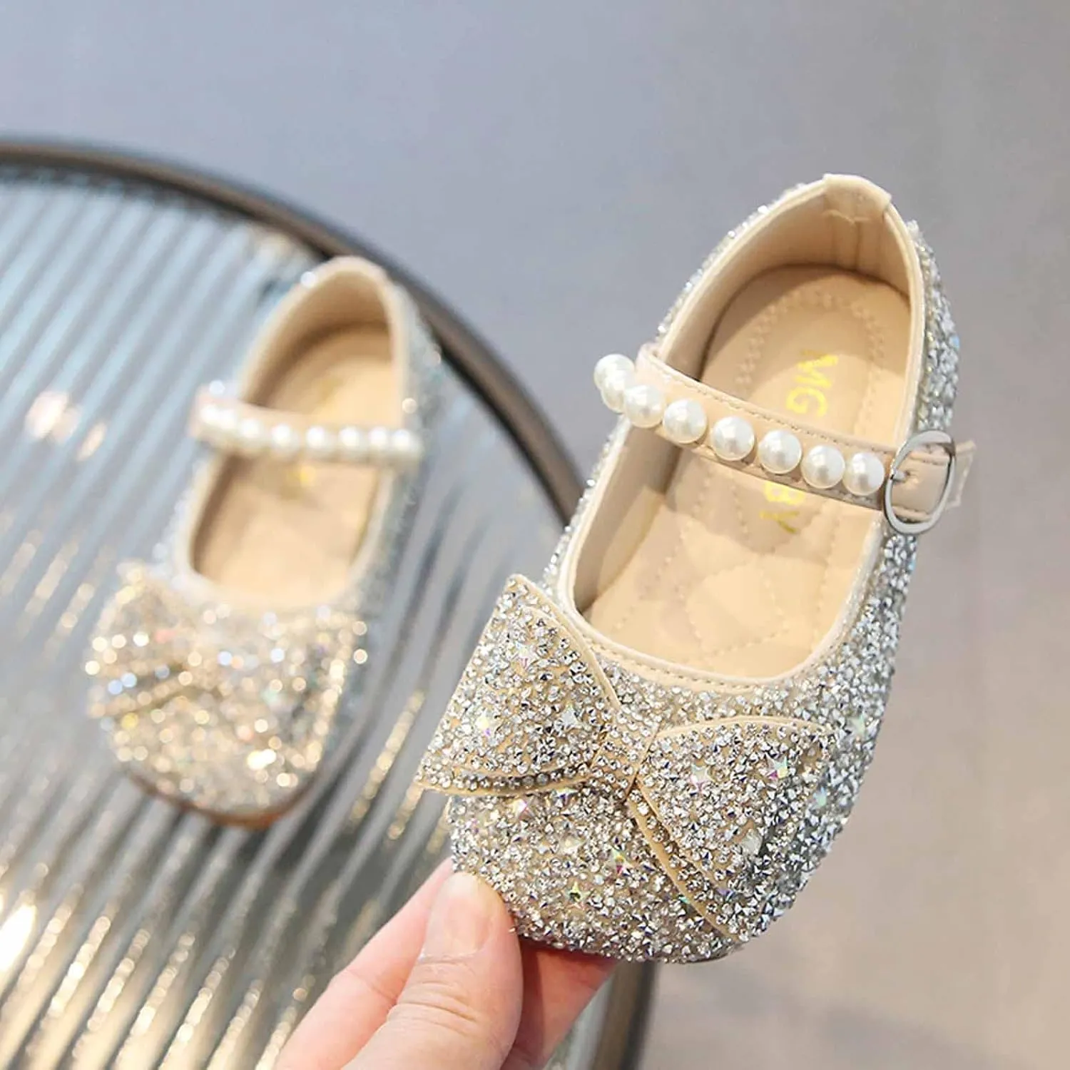 Baby Girl Fancy Pageant Shoes Hook and Loop Splicing Diamons Sandal Floral Wedding Trendy Flat Faux PU Dance Shoe