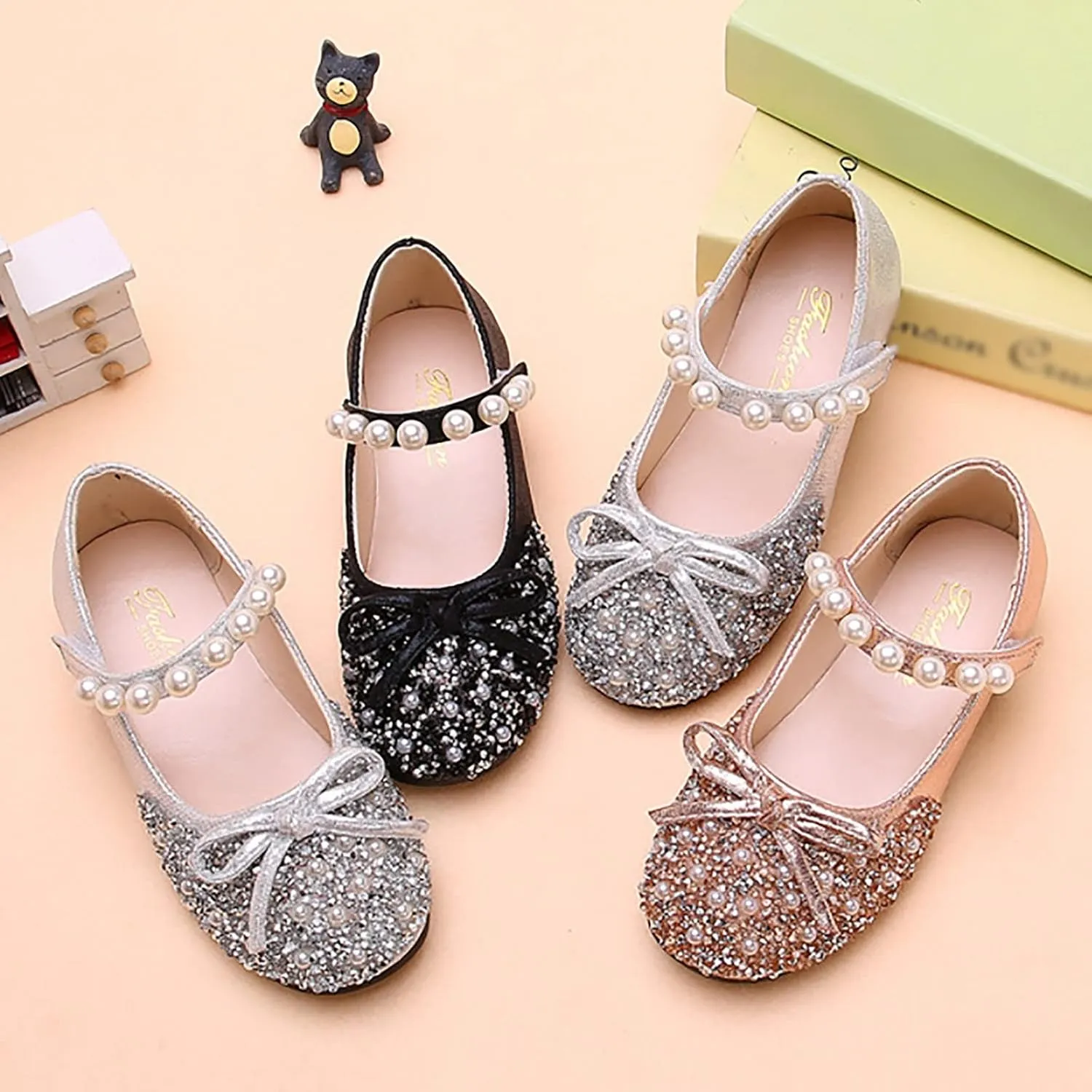 Baby Girls Beaded Sequins Sandals Cap Toe Ankle Strap Pearl Wedding Shoes Toddler Lightweight Comfy Summer Dress Shoes