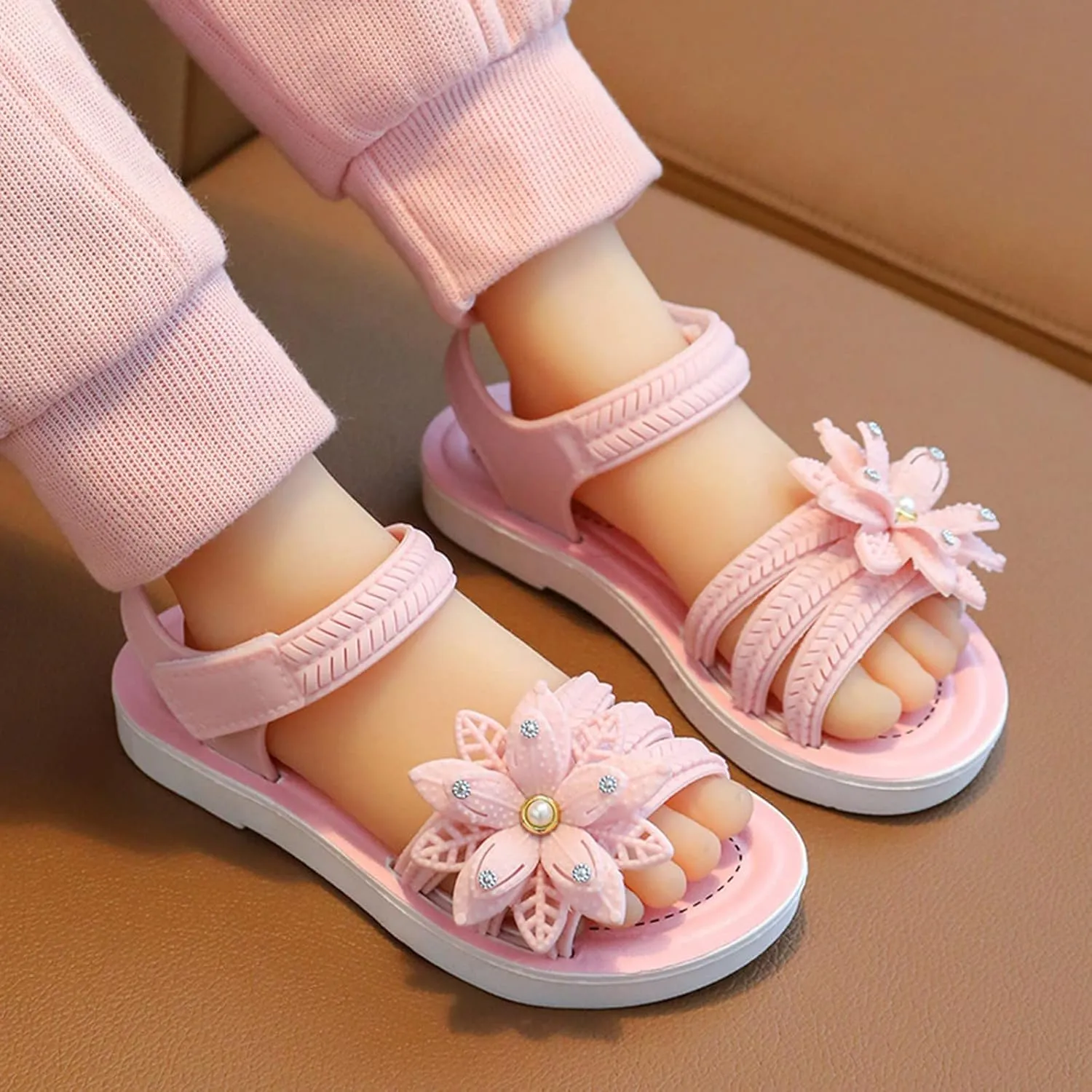 Baby Girls Summer Casual Sandals Cute Toddler Kids Soft Flower Pearl Strap Non Slip Open Toe Fashion Trendy Shoes