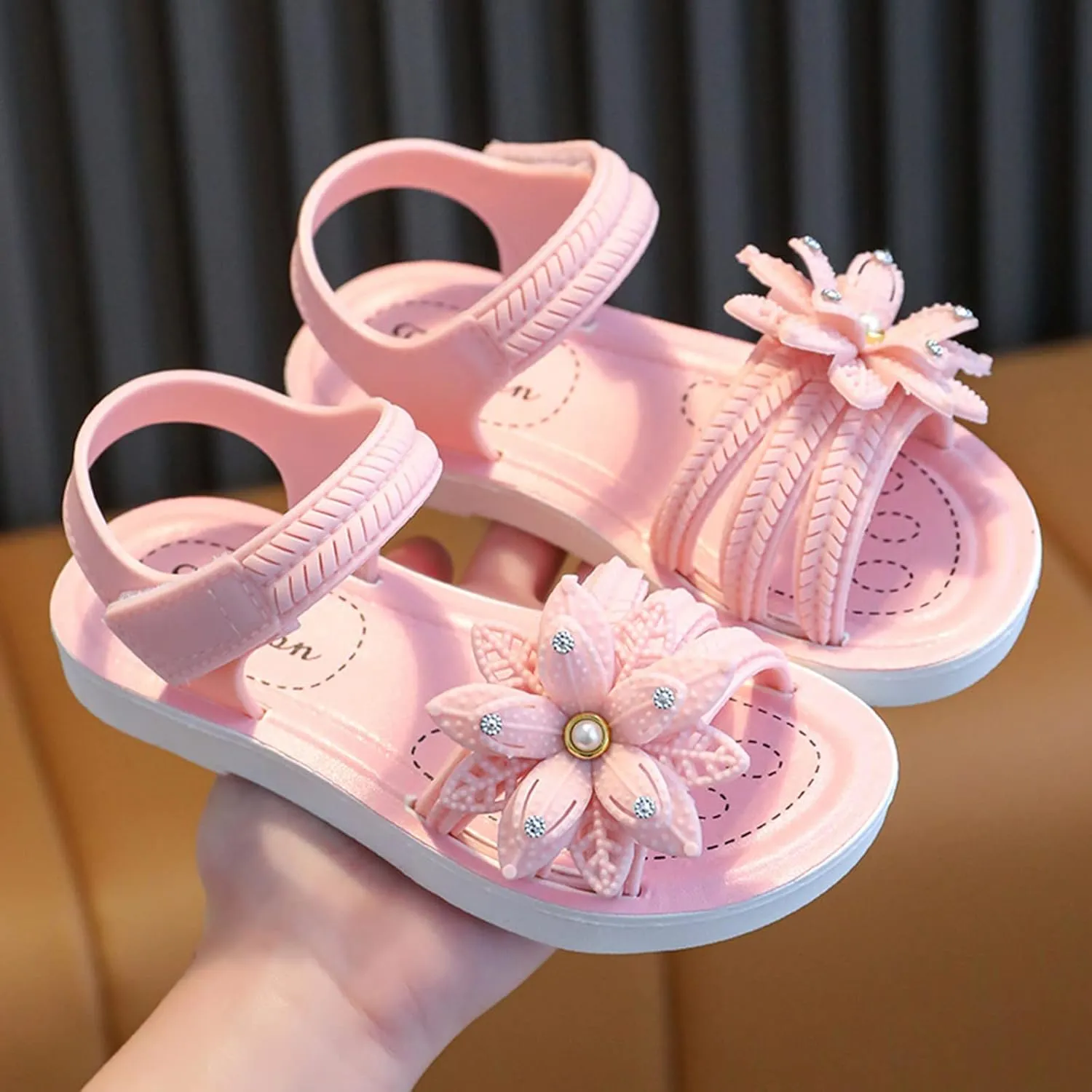 Baby Girls Summer Casual Sandals Cute Toddler Kids Soft Flower Pearl Strap Non Slip Open Toe Fashion Trendy Shoes