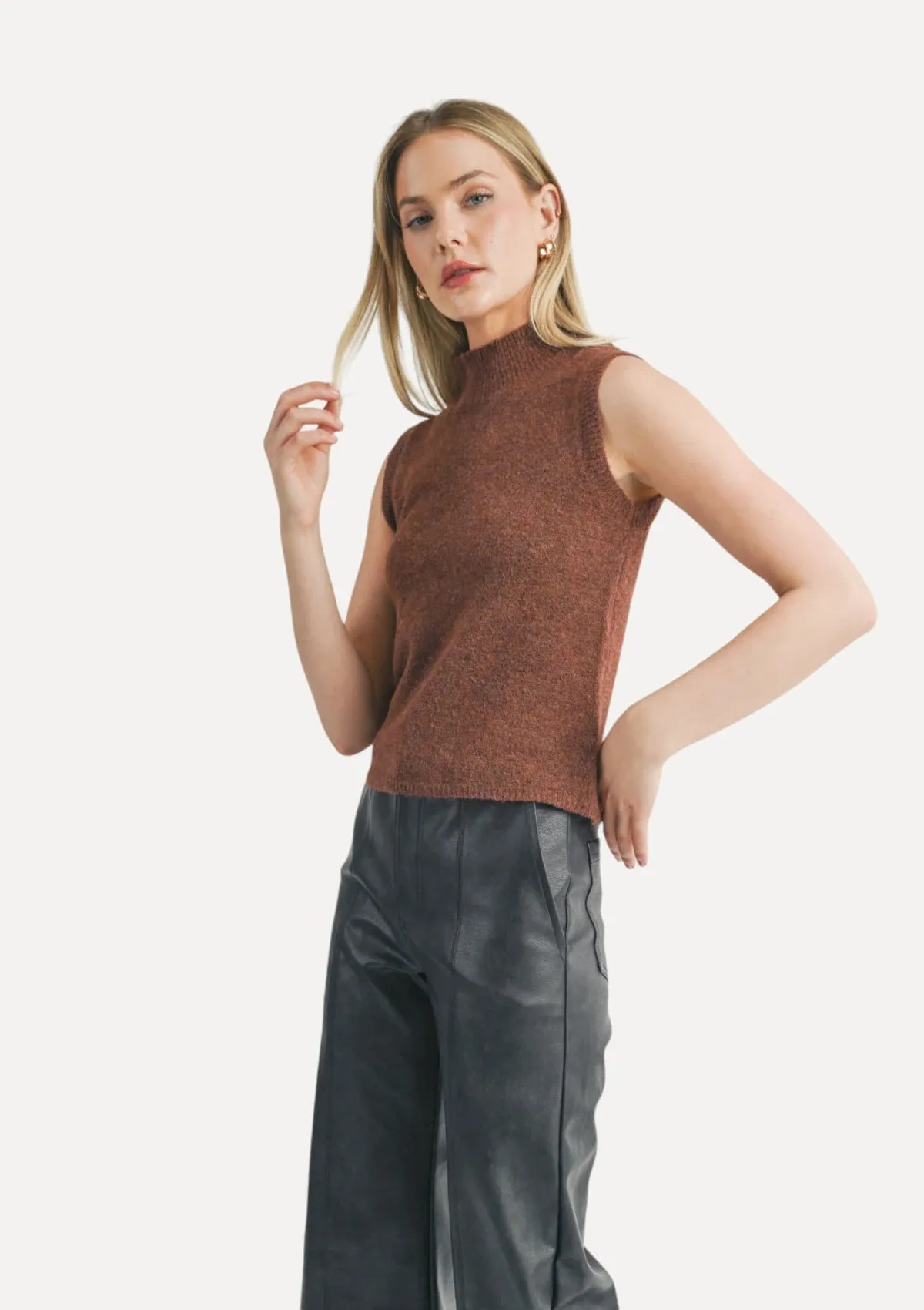 Brianna Turtleneck Sweater Tank - Brown