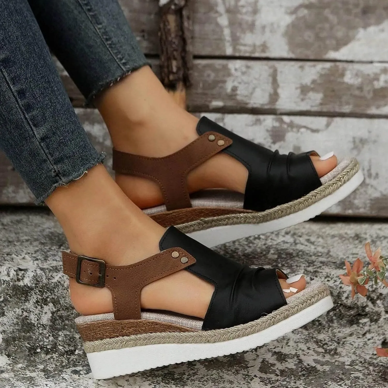 Cathalem Orthopedic Platform Wedge Sandals for Women Summer Dressy Flat Open Toe Ankle Strap Espadrilles Sandals