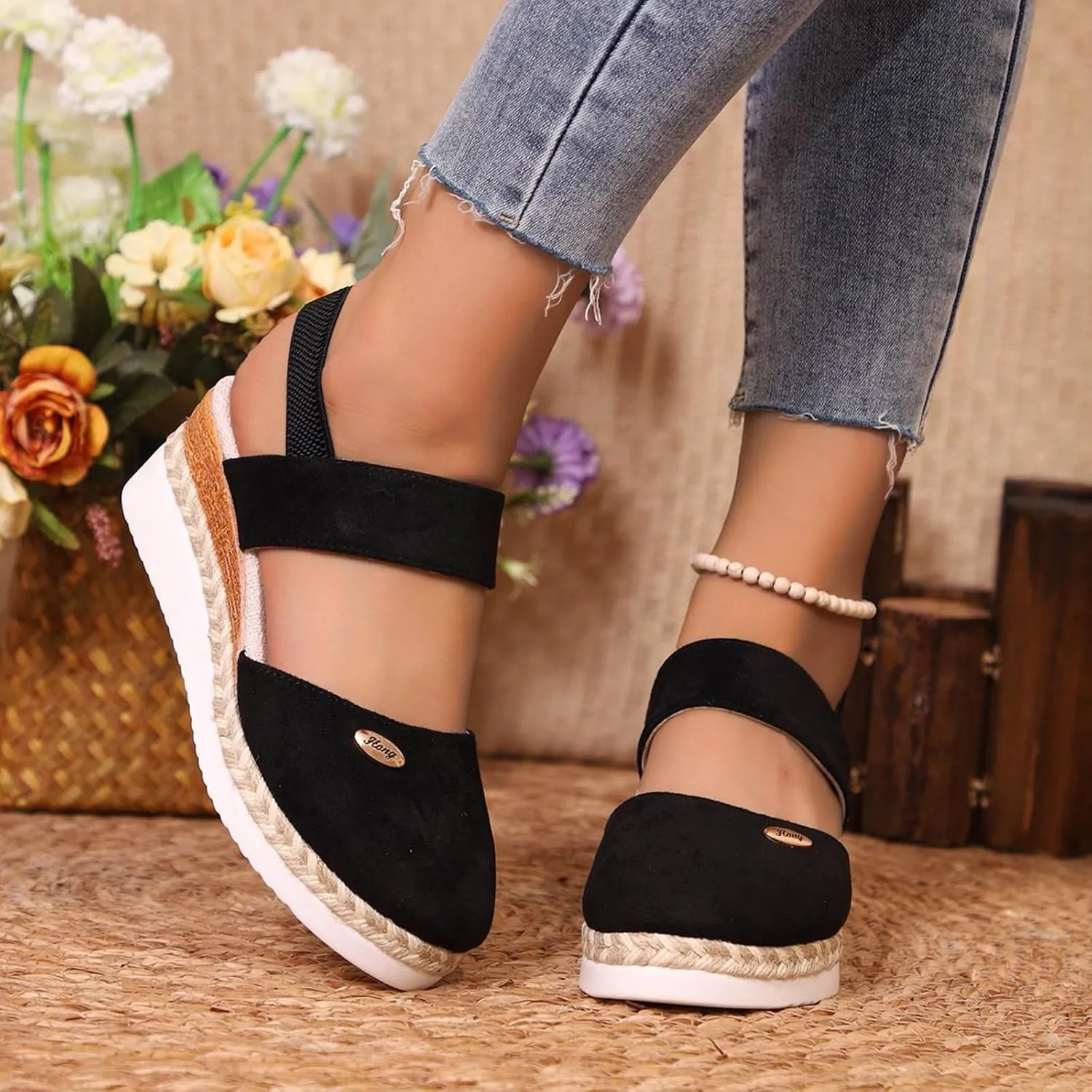 Cathalem Sandals for Women 2024 Espadrilles Platform Wedge Ankle Strap Sandals Comfortable Anti Slip Casual Shoes