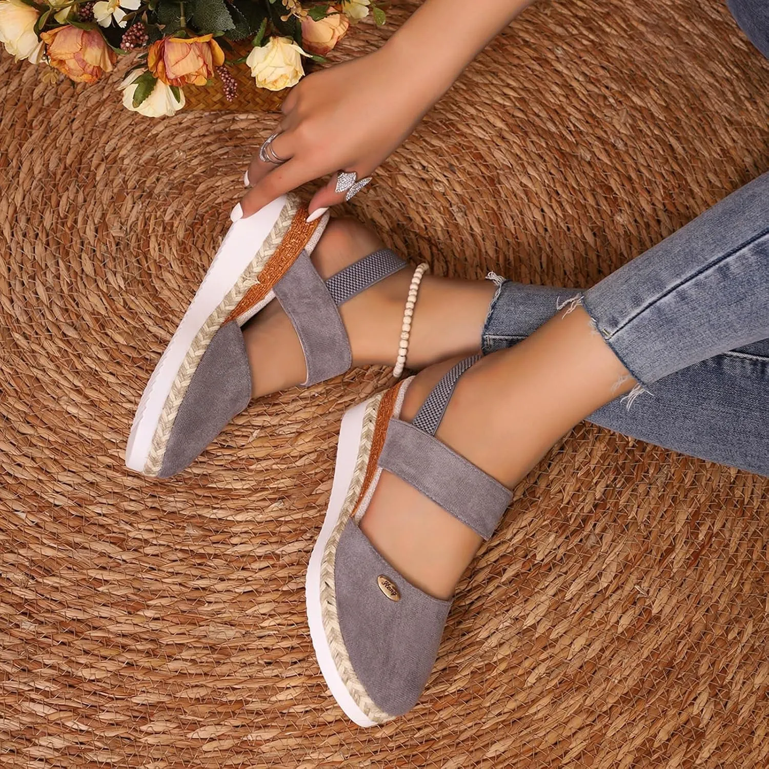 Cathalem Sandals for Women 2024 Espadrilles Platform Wedge Ankle Strap Sandals Comfortable Anti Slip Casual Shoes