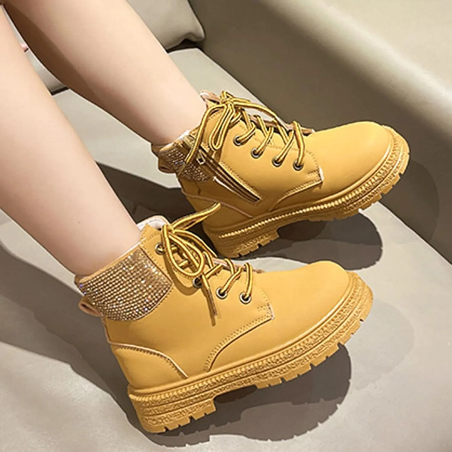 Combat Ankle Boots Kids Girls Dress Booties Platform Chunky Block Heel Boots Side Zipper Combat Shoes Snow Boots