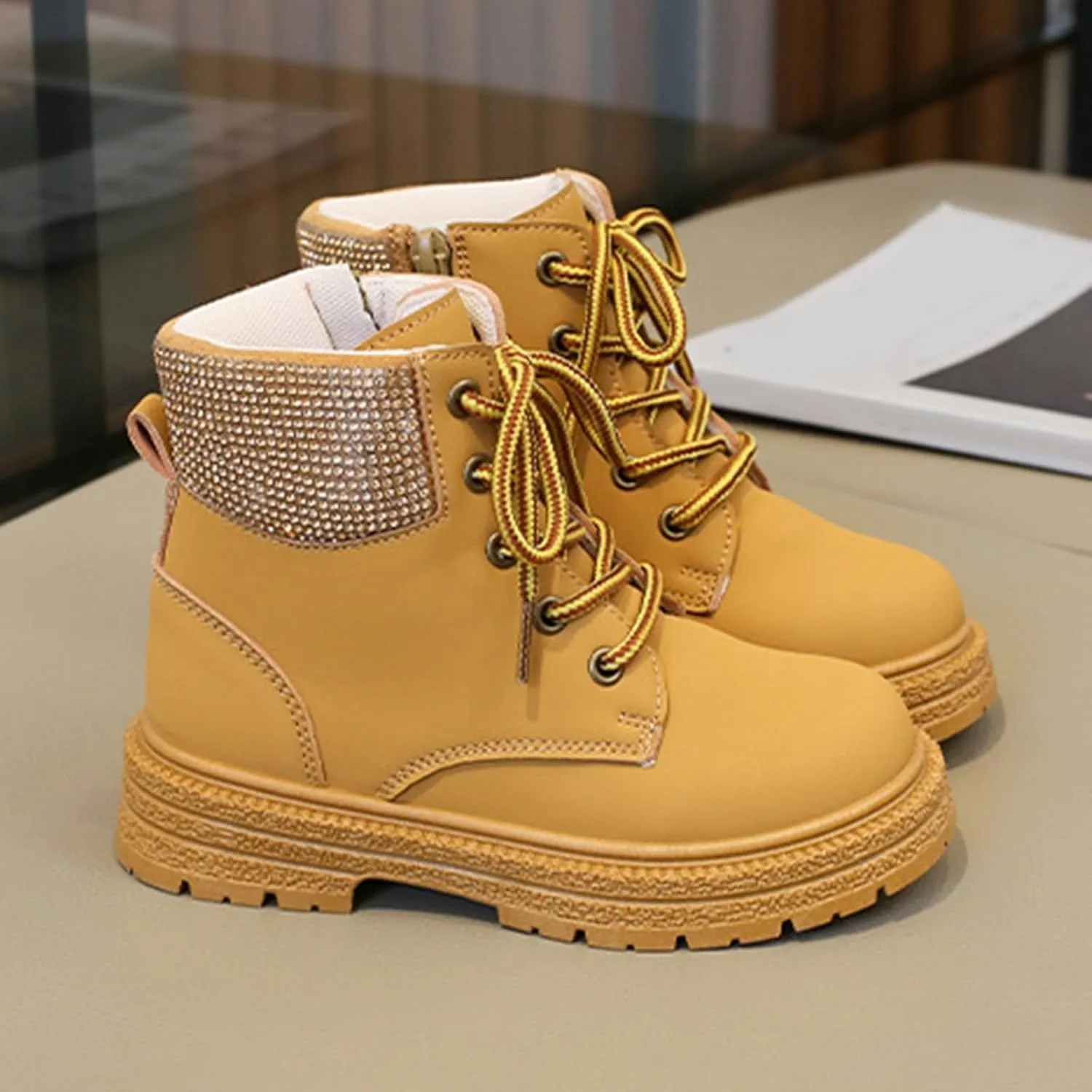 Combat Ankle Boots Kids Girls Dress Booties Platform Chunky Block Heel Boots Side Zipper Combat Shoes Snow Boots