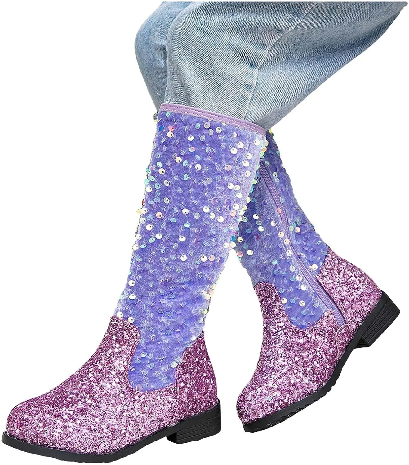Cowgirl Boots for Girls Kids Toddler Glitter Western Cowboy Boots Zipper Color Block Sparkly Sequins Riding Shoes