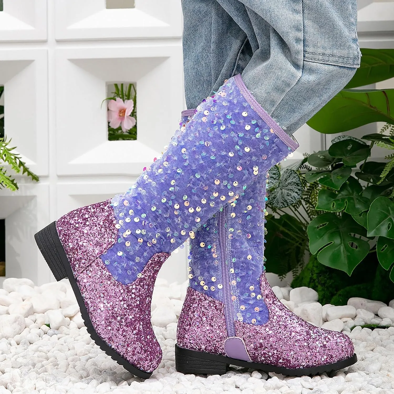 Cowgirl Boots for Girls Kids Toddler Glitter Western Cowboy Boots Zipper Color Block Sparkly Sequins Riding Shoes