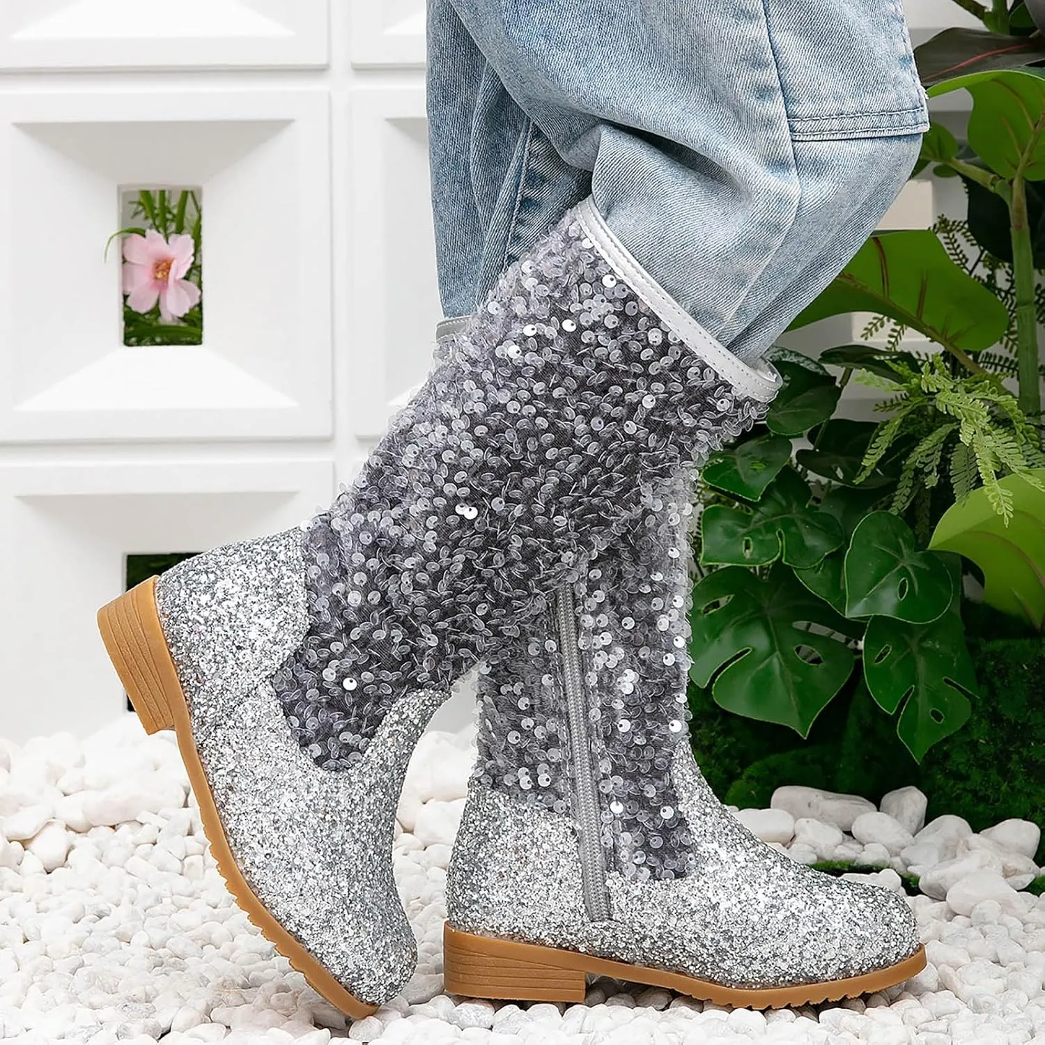 Cowgirl Boots for Girls Kids Toddler Glitter Western Cowboy Boots Zipper Color Block Sparkly Sequins Riding Shoes