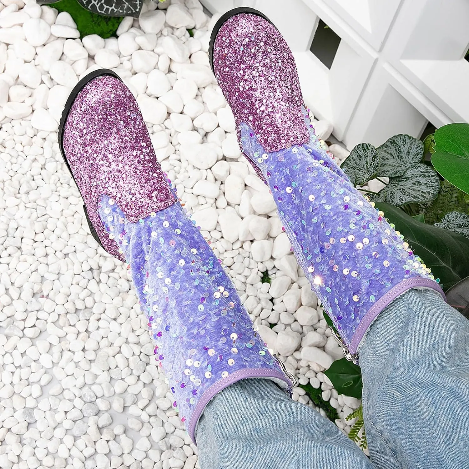 Cowgirl Boots for Girls Kids Toddler Glitter Western Cowboy Boots Zipper Color Block Sparkly Sequins Riding Shoes