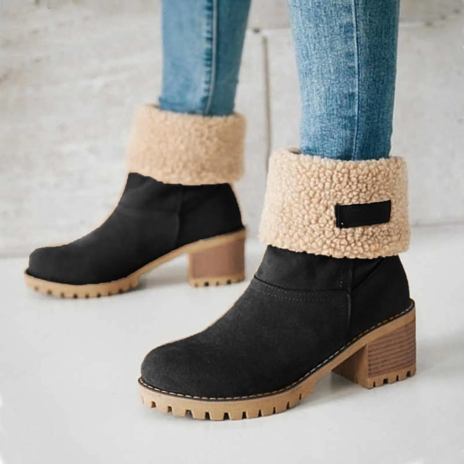 Dotmalls Boots Dotmalls Seniors' Chunky Heel Winter Boots Sherpa Lined Boots Comfortable Slip On Mid Chunky Heel Suede Snow Boots Warm Ankle Boots