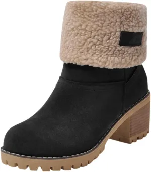 Dotmalls Boots Dotmalls Seniors' Chunky Heel Winter Boots Sherpa Lined Boots Comfortable Slip On Mid Chunky Heel Suede Snow Boots Warm Ankle Boots