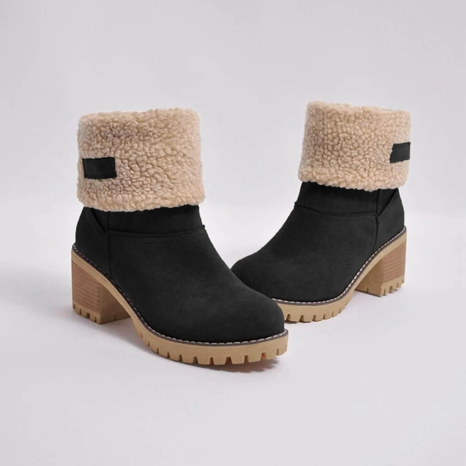 Dotmalls Boots Dotmalls Seniors' Chunky Heel Winter Boots Sherpa Lined Boots Comfortable Slip On Mid Chunky Heel Suede Snow Boots Warm Ankle Boots