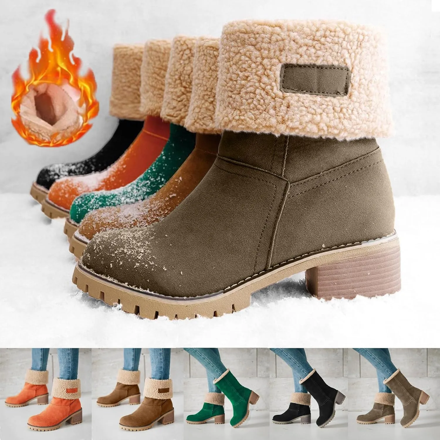 Dotmalls Boots Dotmalls Seniors' Chunky Heel Winter Boots Sherpa Lined Boots Comfortable Slip On Mid Chunky Heel Suede Snow Boots Warm Ankle Boots