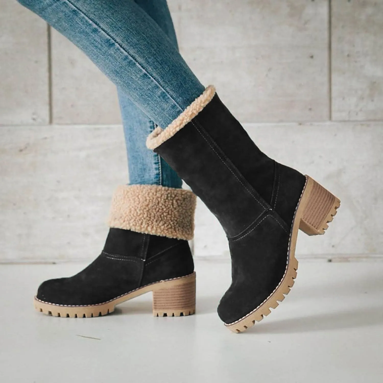 Dotmalls Boots Dotmalls Seniors' Chunky Heel Winter Boots Sherpa Lined Boots Comfortable Slip On Mid Chunky Heel Suede Snow Boots Warm Ankle Boots
