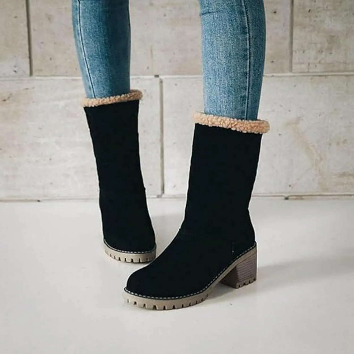 Dotmalls Boots Dotmalls Seniors' Chunky Heel Winter Boots Sherpa Lined Boots Comfortable Slip On Mid Chunky Heel Suede Snow Boots Warm Ankle Boots