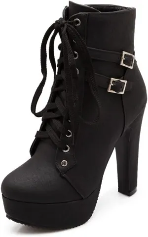 ForeMode Women's Goth Leather Block Heel Ankle Boots Fashion Studded Ankle Strap Trim Punk Boots