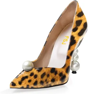 FSJ Women High Heel Pearls Studded Pumps Pointed Toe Slip On Beaded Sexy 4.2 inch Wedding Prom Party Club Dress Shoes Size 4-16 US