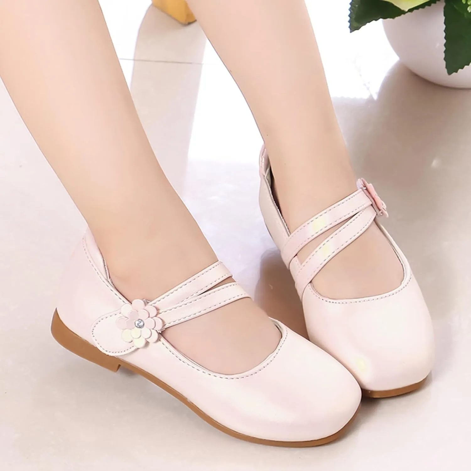 Girls Dress Shoes Kids Toddler Flower Girl Low Heels Mary Jane Flat School Uniform Wedding Party Floral Strap Flats