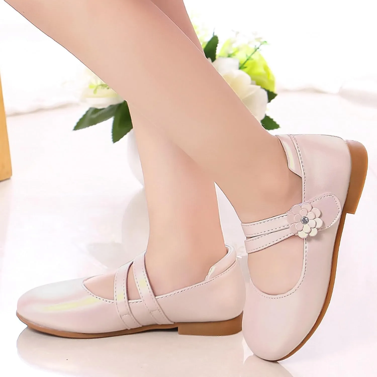 Girls Dress Shoes Kids Toddler Flower Girl Low Heels Mary Jane Flat School Uniform Wedding Party Floral Strap Flats