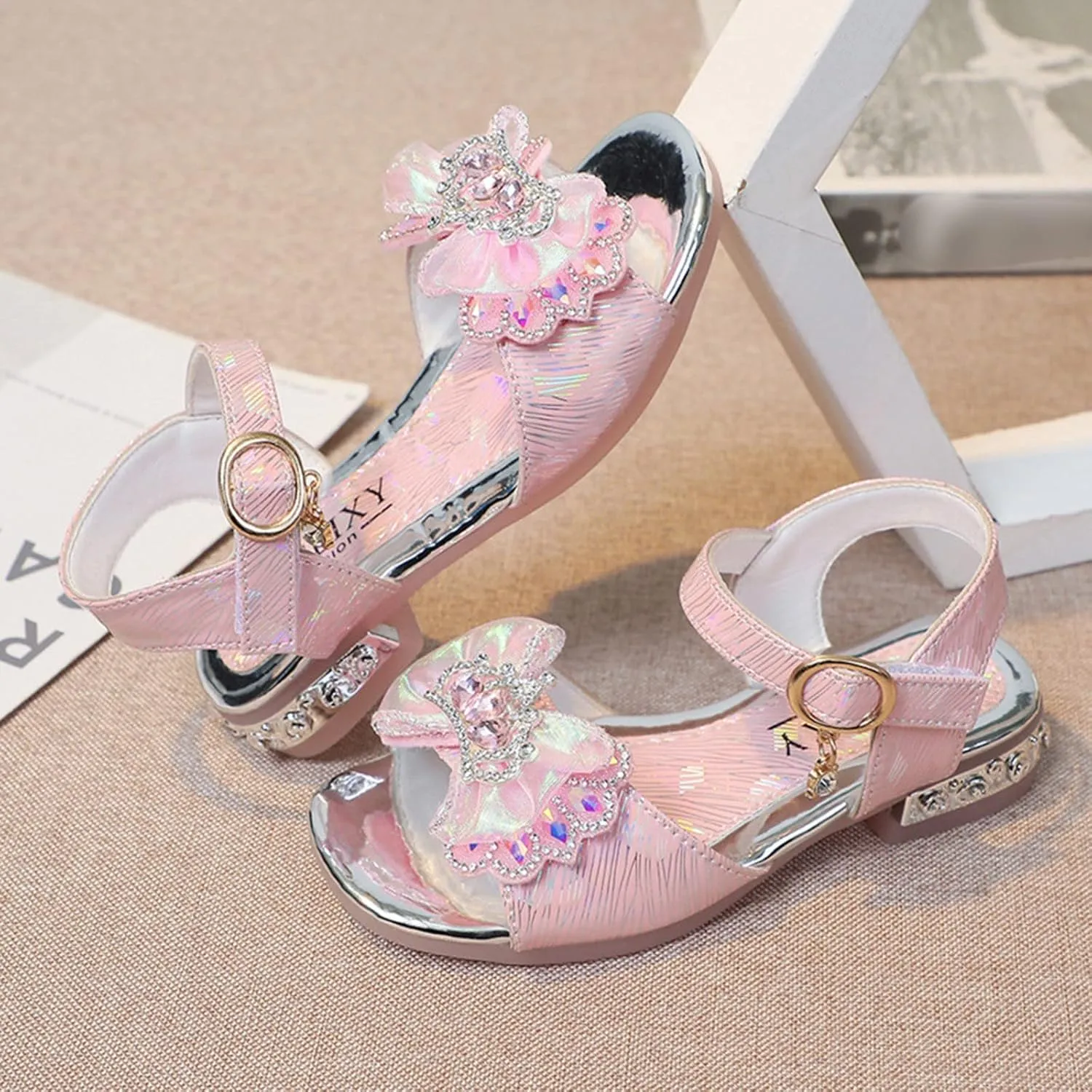 Girls Kids Bow Pearl Sequins Sandals Open Toe ow Heels Princess Dress Shoes With Strap Summer Outdoor Trendy Loafers
