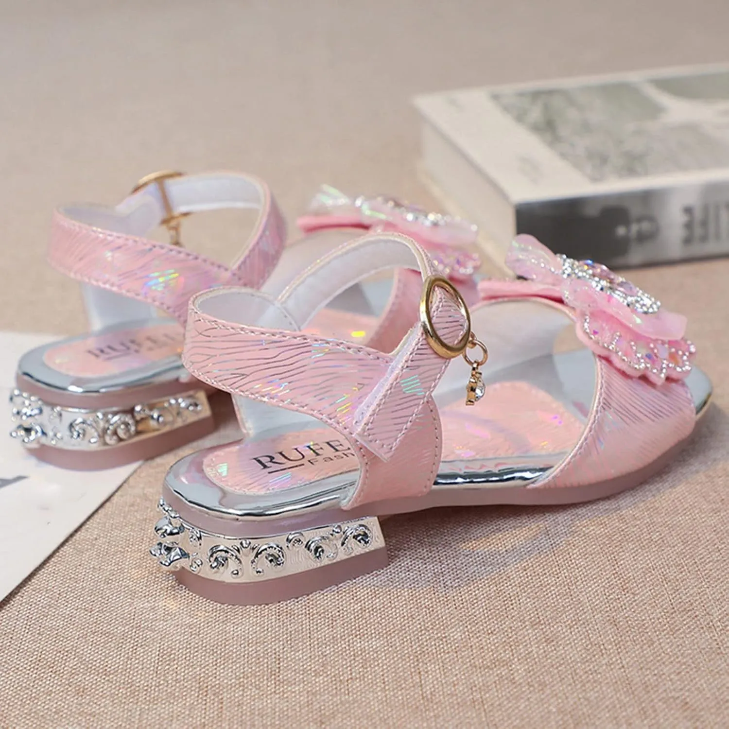 Girls Kids Bow Pearl Sequins Sandals Open Toe ow Heels Princess Dress Shoes With Strap Summer Outdoor Trendy Loafers