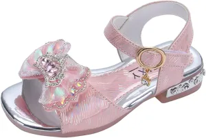 Girls Kids Bow Pearl Sequins Sandals Open Toe ow Heels Princess Dress Shoes With Strap Summer Outdoor Trendy Loafers