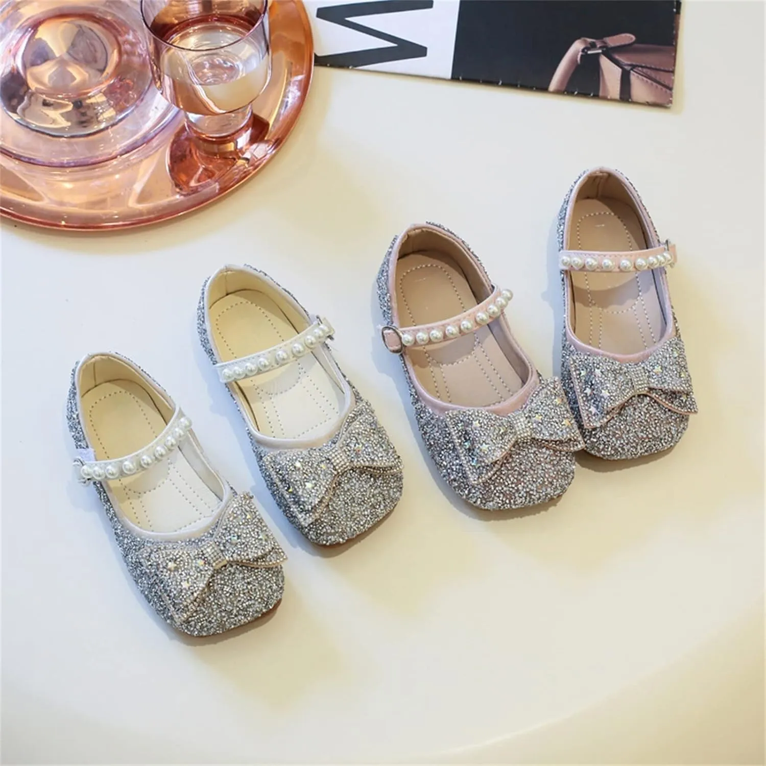 Girls Kids Dress Sandals Sequins Pearl Bow Closed Toe Princess Shoes Summer ow Heels Casual Strap Slipper Fashion Comfy