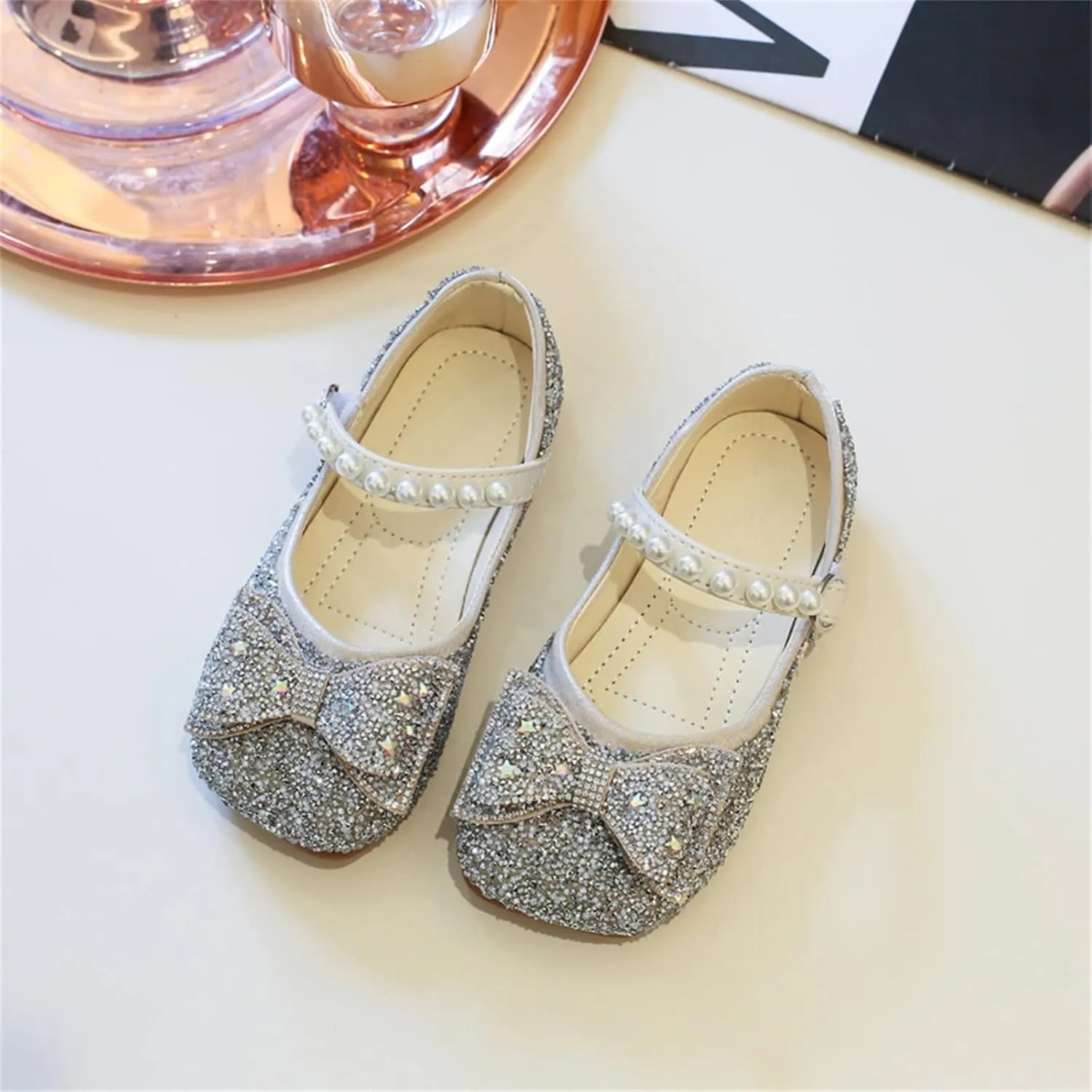 Girls Kids Dress Sandals Sequins Pearl Bow Closed Toe Princess Shoes Summer ow Heels Casual Strap Slipper Fashion Comfy