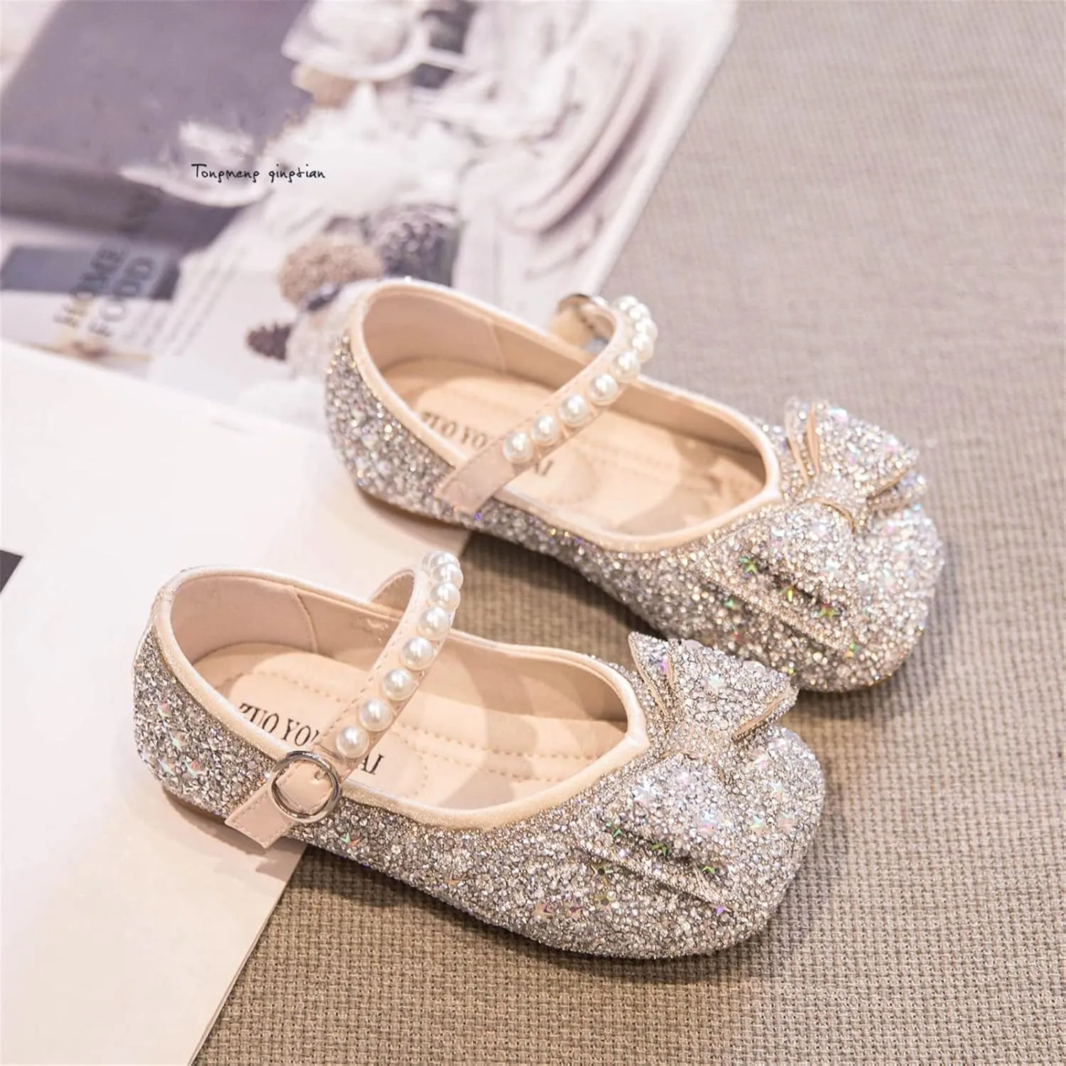 Girls Kids Dress Sandals Sequins Pearl Bow Closed Toe Princess Shoes Summer ow Heels Casual Strap Slipper Fashion Comfy