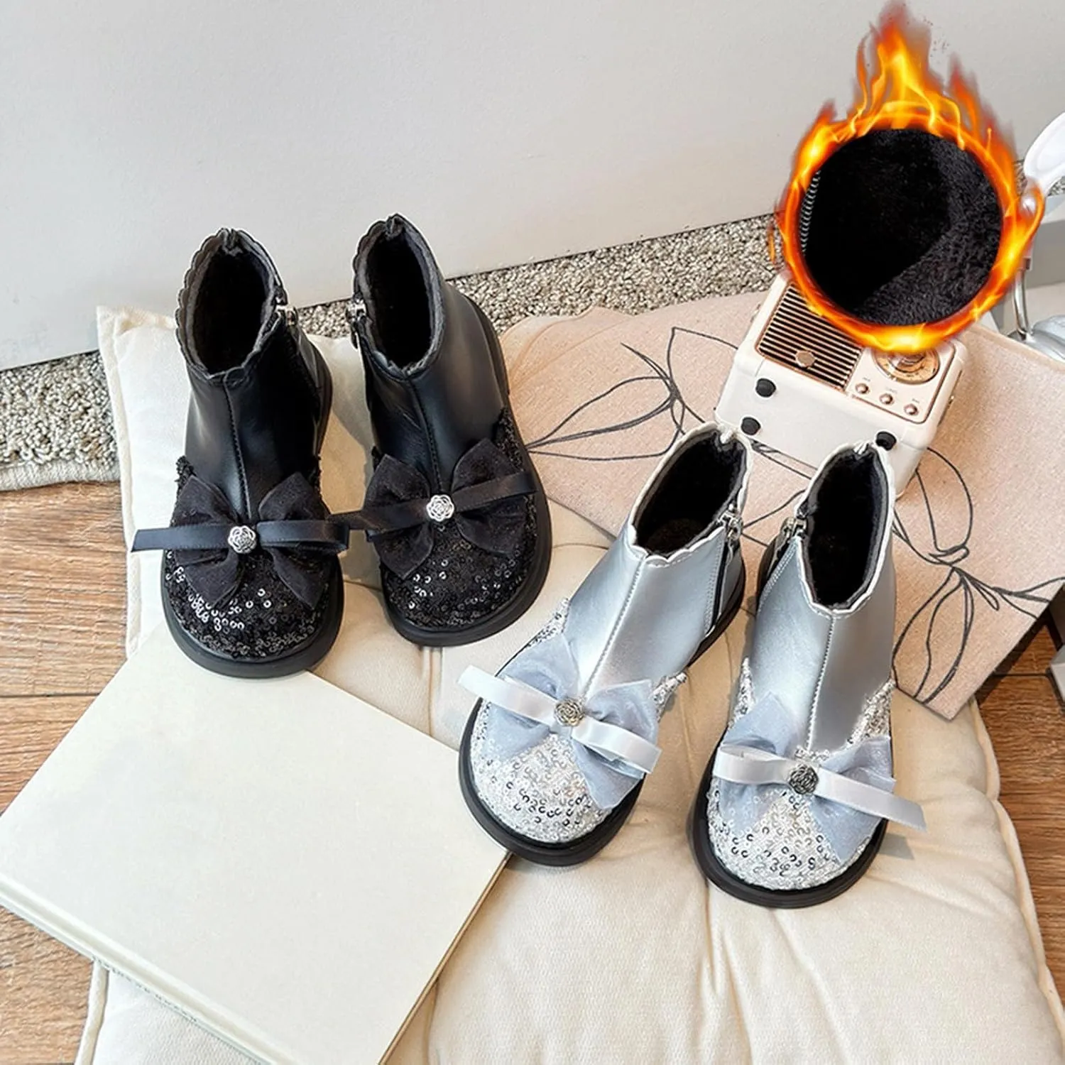 Girls Sequin Bowknot Ankle Boot Low Heel Lightweight Comfy Soft Birthday Dress Shoes Classic And Winter Boots