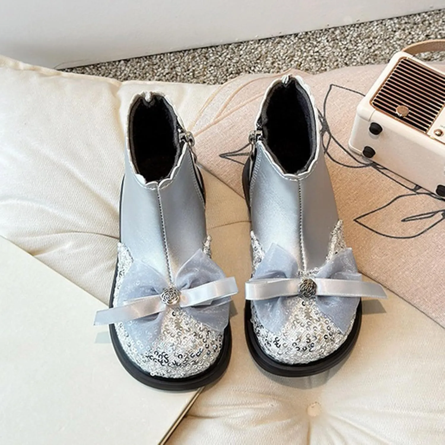 Girls Sequin Bowknot Ankle Boot Low Heel Lightweight Comfy Soft Birthday Dress Shoes Classic And Winter Boots