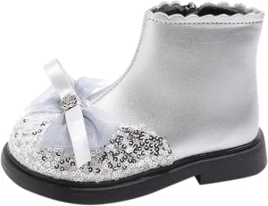 Girls Sequin Bowknot Ankle Boot Low Heel Lightweight Comfy Soft Birthday Dress Shoes Classic And Winter Boots