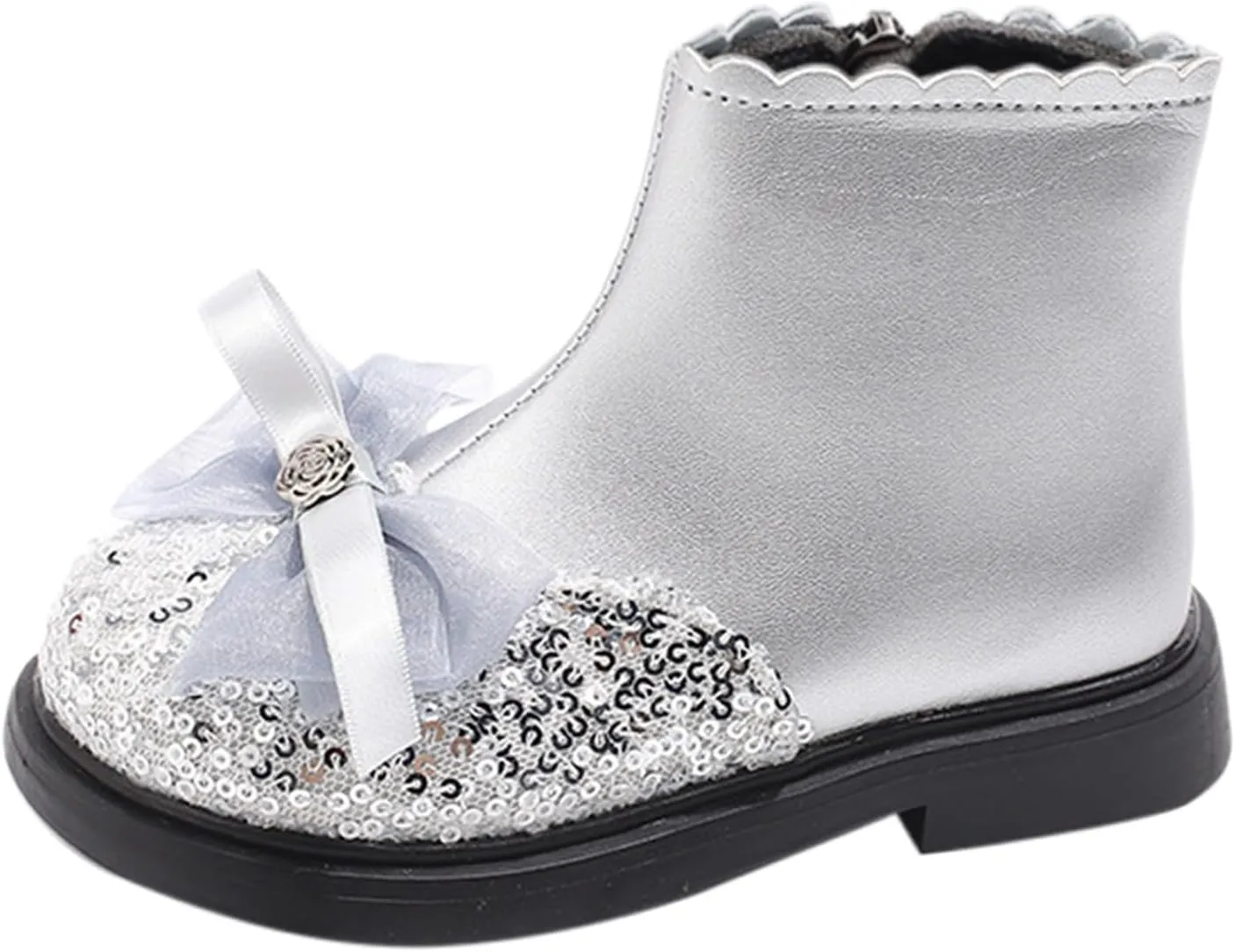 Girls Sequin Bowknot Ankle Boot Low Heel Lightweight Comfy Soft Birthday Dress Shoes Classic And Winter Boots