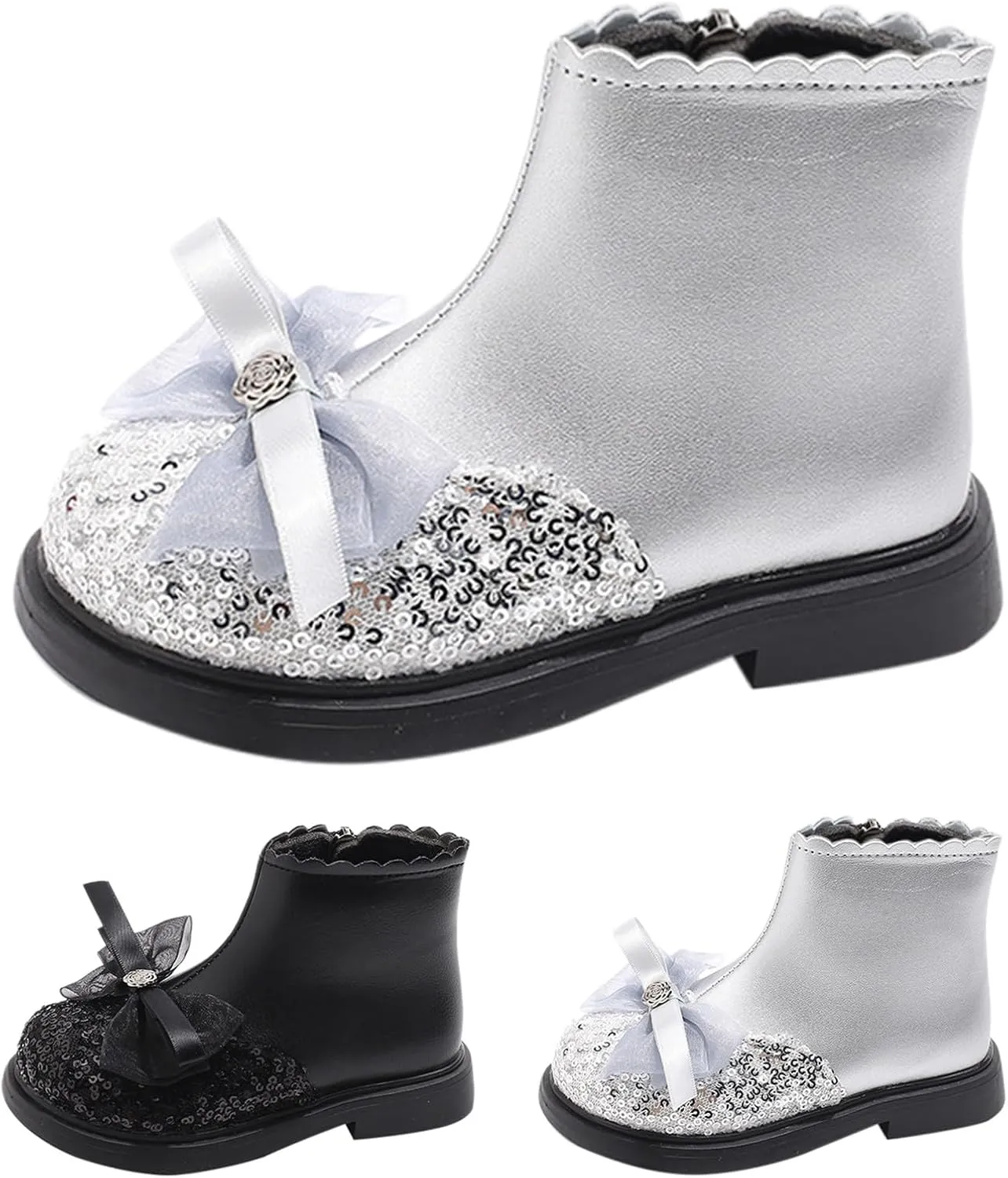 Girls Sequin Bowknot Ankle Boot Low Heel Lightweight Comfy Soft Birthday Dress Shoes Classic And Winter Boots