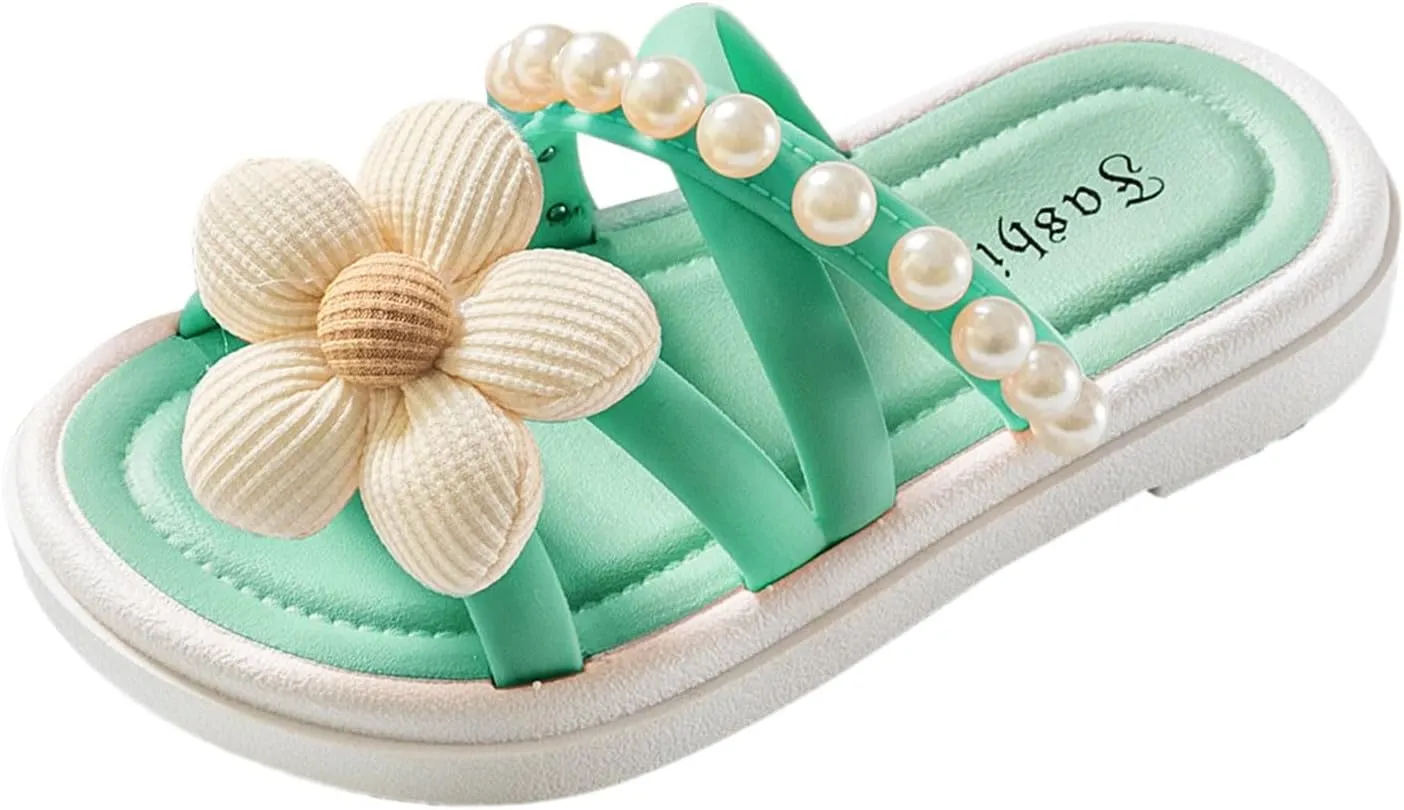 Girls Soft House Slippers Open Toe Breathable Comfy Cozy Home Shower Shoes 3D Flowers Sweet Holidays Beach Slipper
