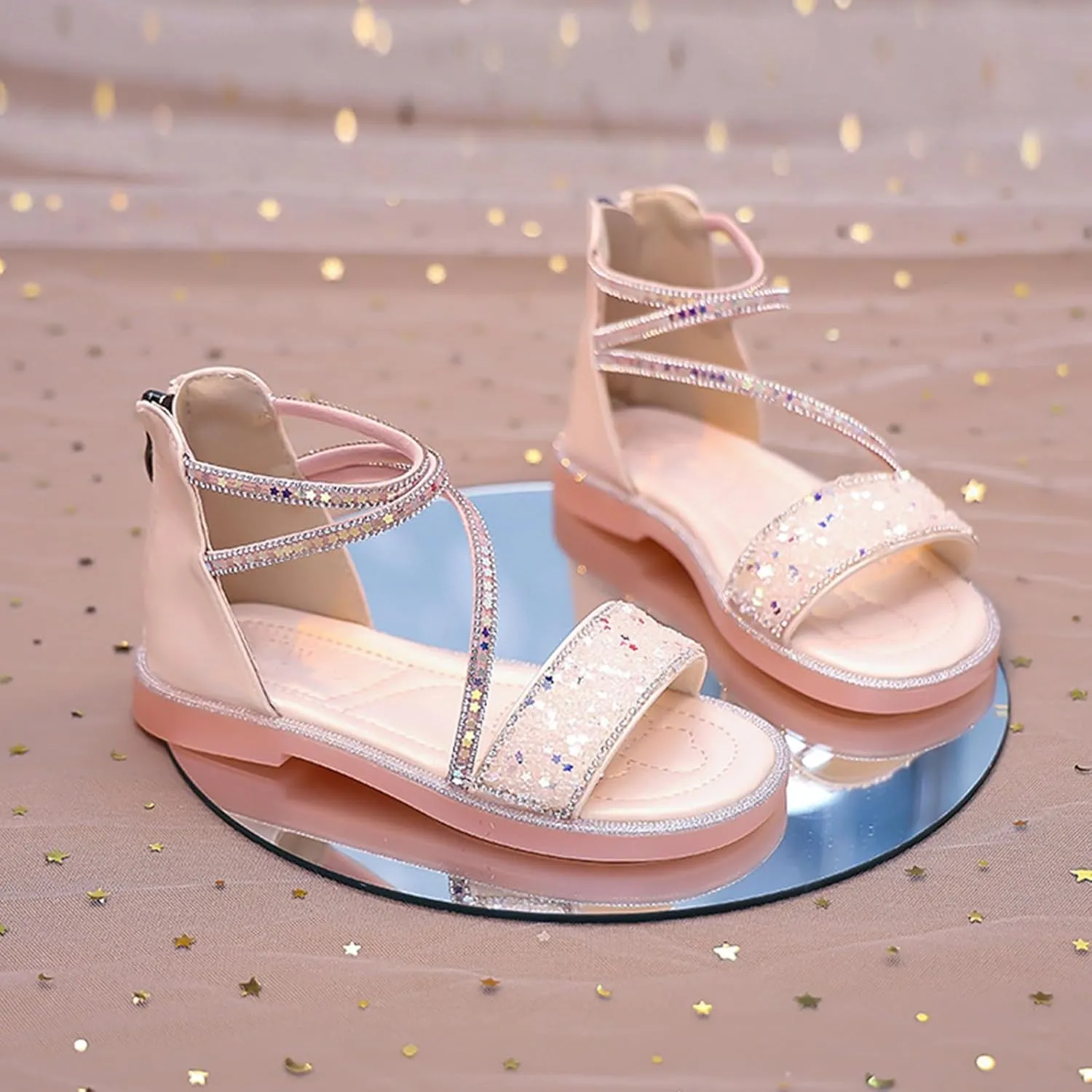 Girls Star Glitter Ankle Sandals Flat Open Toe Wide Shoes Kids Toddler Sole Rubber Soft Lightweight Sandals Comfy