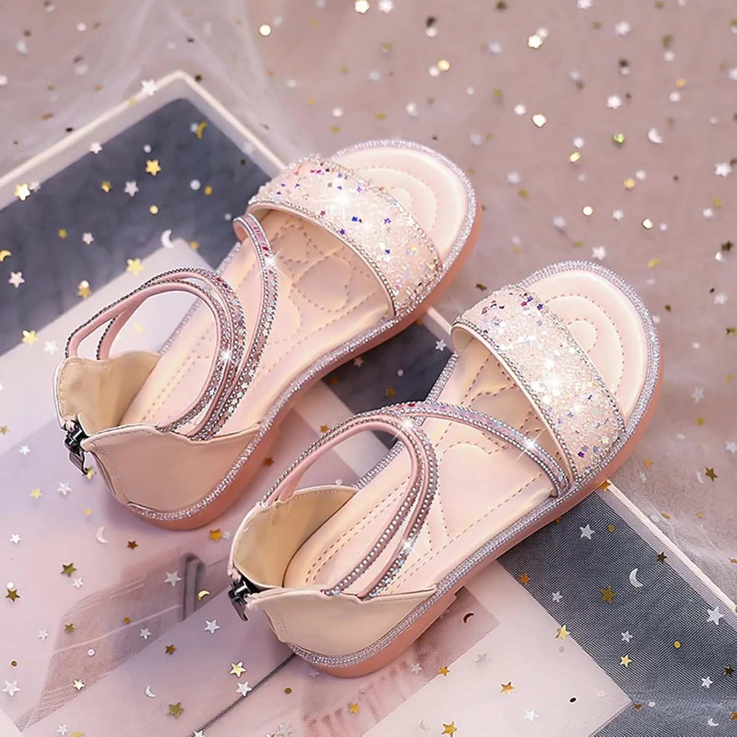 Girls Star Glitter Ankle Sandals Flat Open Toe Wide Shoes Kids Toddler Sole Rubber Soft Lightweight Sandals Comfy