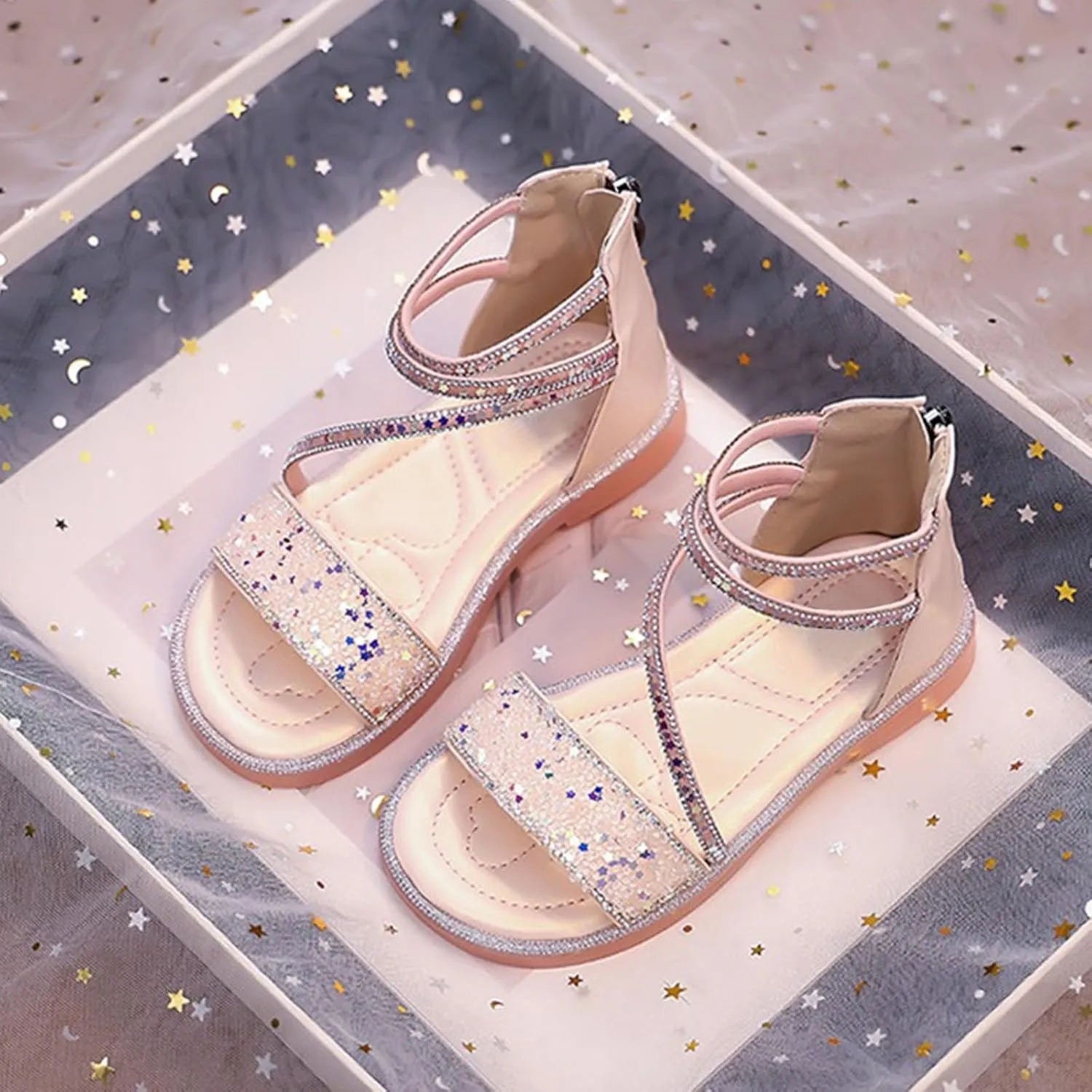 Girls Star Glitter Ankle Sandals Flat Open Toe Wide Shoes Kids Toddler Sole Rubber Soft Lightweight Sandals Comfy