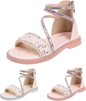 Girls Star Glitter Ankle Sandals Flat Open Toe Wide Shoes Kids Toddler Sole Rubber Soft Lightweight Sandals Comfy