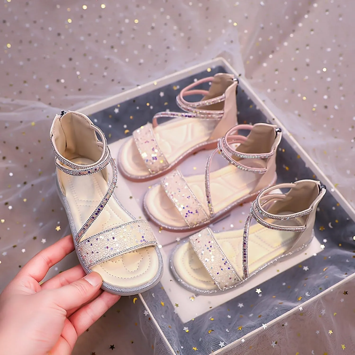 Girls Star Glitter Ankle Sandals Flat Open Toe Wide Shoes Kids Toddler Sole Rubber Soft Lightweight Sandals Comfy