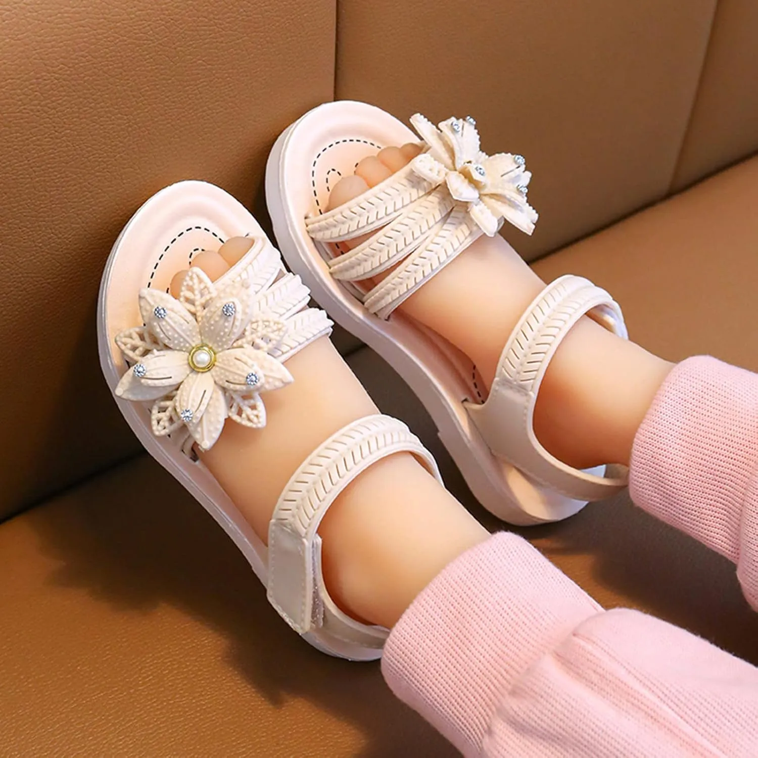 Kids Girls Summer Casual Sandals Cute Baby Kids Soft Flower Pearl Strap Non Slip Open Toe Fashion Trendy Shoes