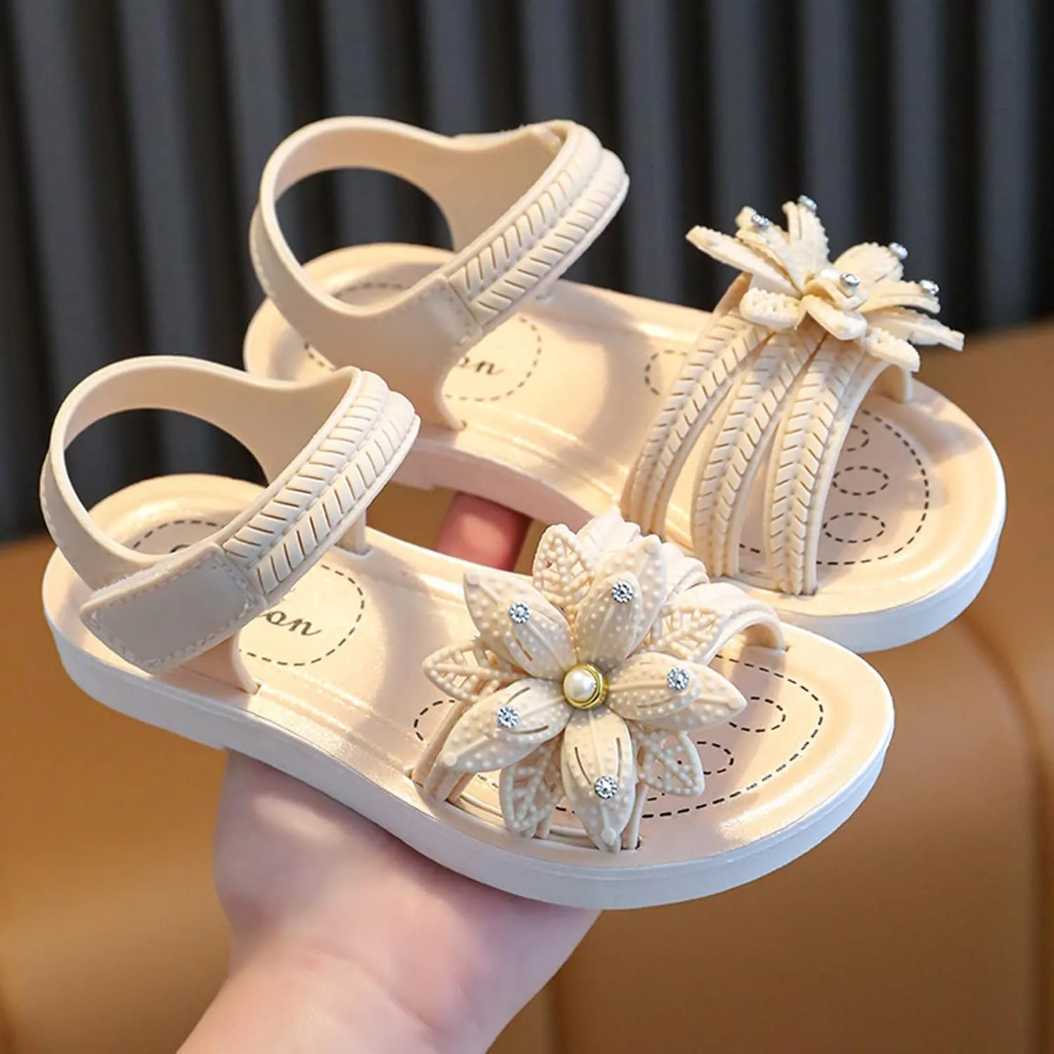 Kids Girls Summer Casual Sandals Cute Baby Kids Soft Flower Pearl Strap Non Slip Open Toe Fashion Trendy Shoes