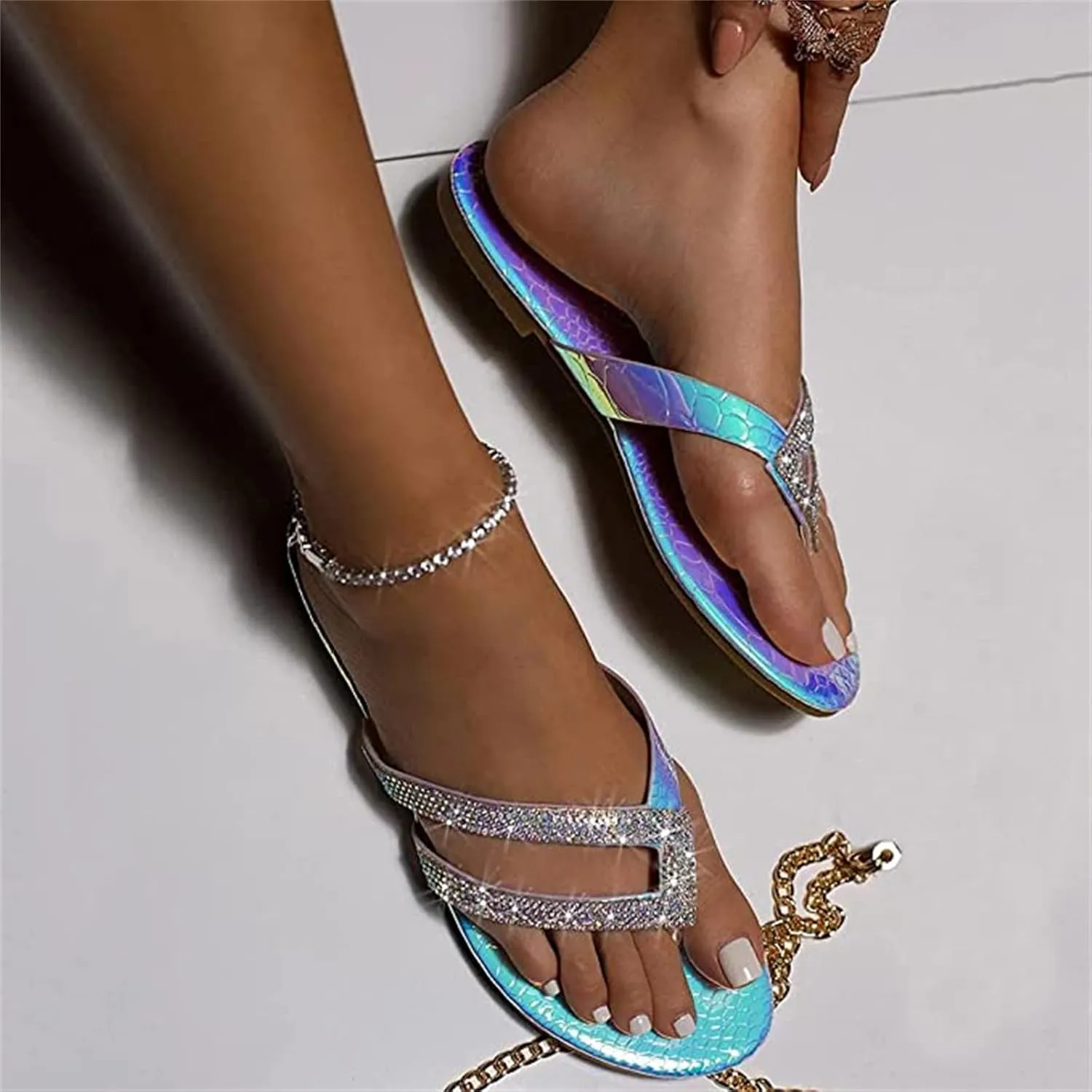 Ladmiple Sandals for Women Flat,Women's Rhinestone Sandals Flip Flops Jeweled Sandals Beach Summer Travel Flats Slippers