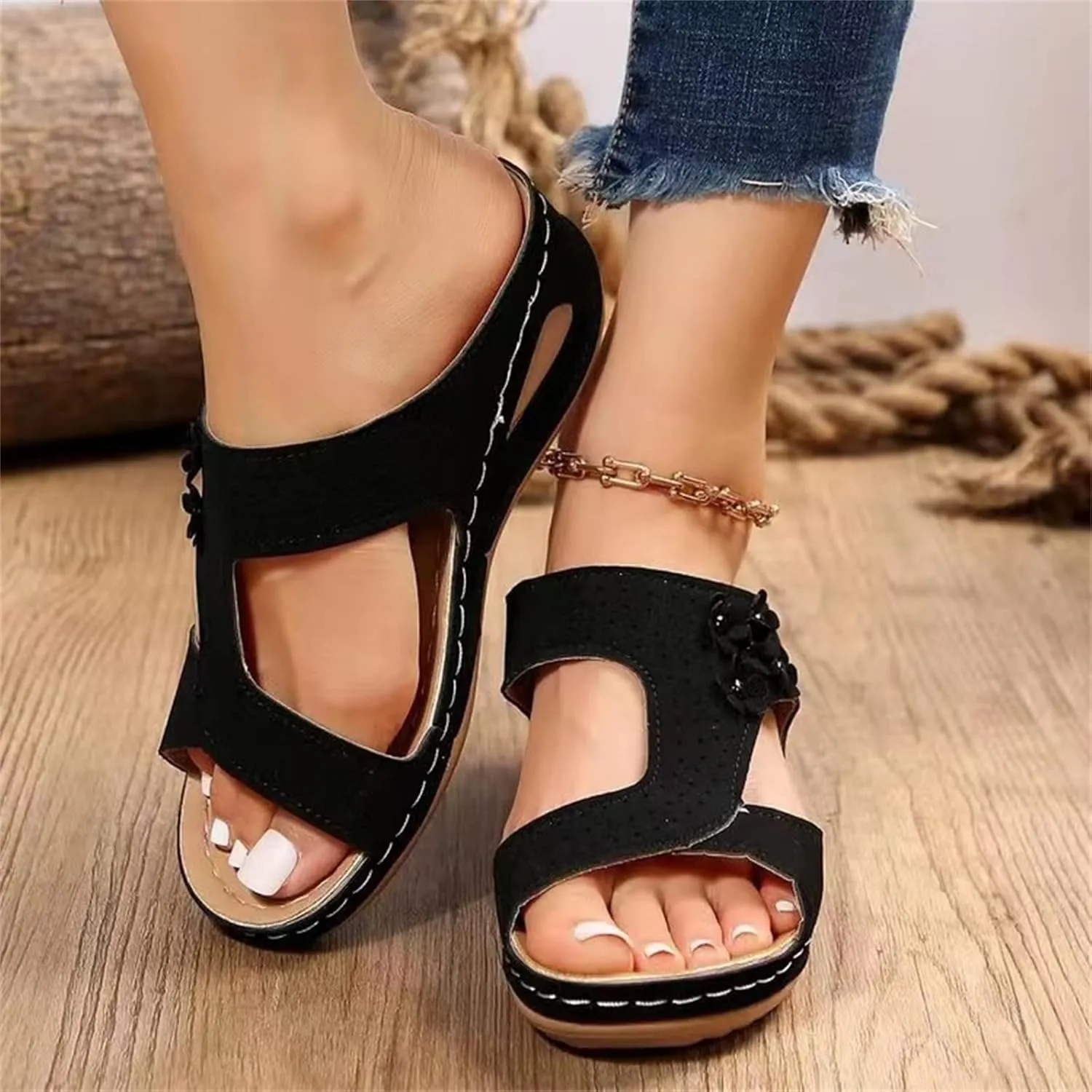 Ladmiple Sandals Women Wedge Low Heel Fashion Orthotic Slides Slip On Flip Flops With Comfort Plantar Fasciitis Arch Support