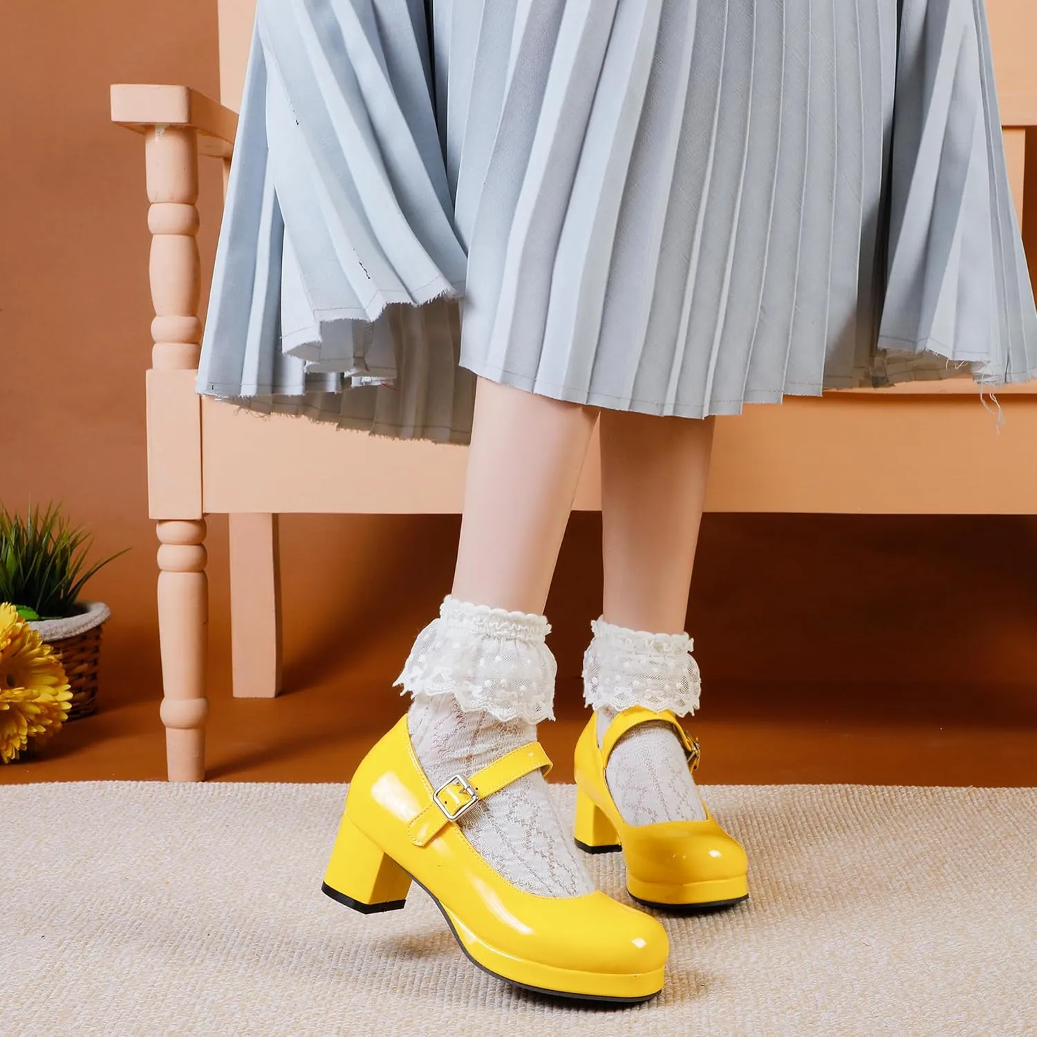 Mary Jane Heels Round Closed Toe High Block Chunky Heels Mary Jane Pumps Comfortable Vintage Heels Dress Shoes