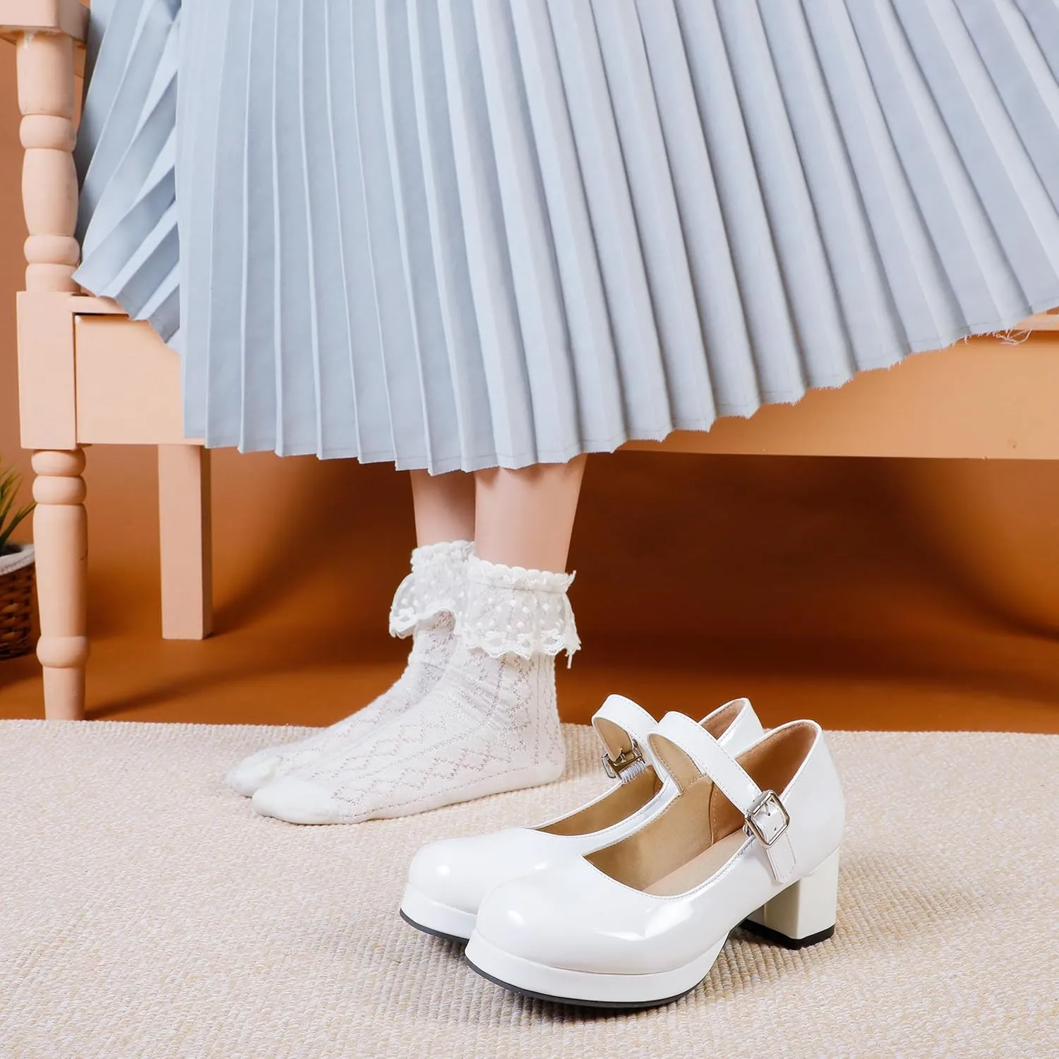 Mary Jane Heels Round Closed Toe High Block Chunky Heels Mary Jane Pumps Comfortable Vintage Heels Dress Shoes