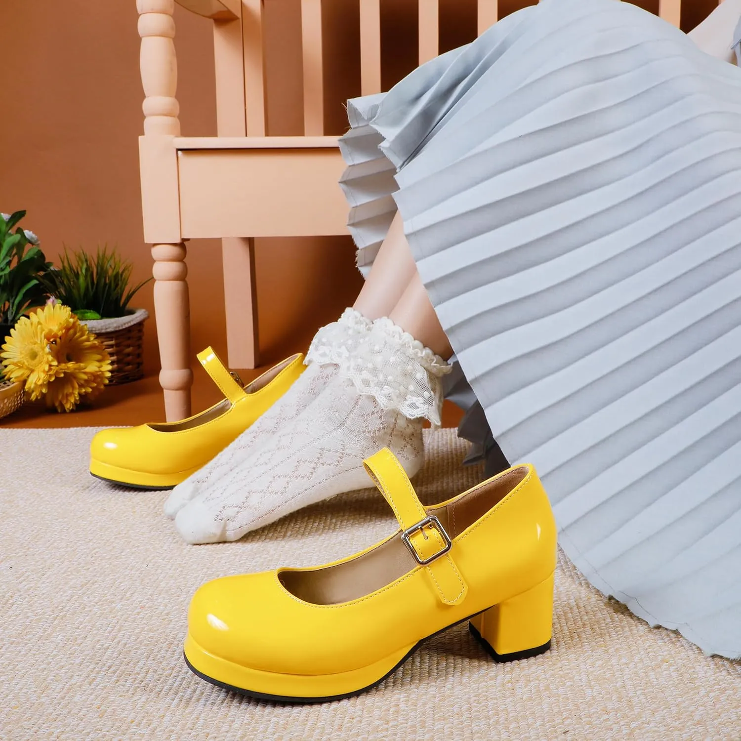 Mary Jane Heels Round Closed Toe High Block Chunky Heels Mary Jane Pumps Comfortable Vintage Heels Dress Shoes