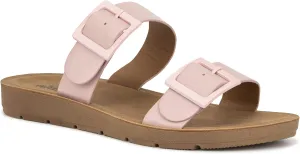Olivia Miller Womens Fashion Ladies Shoes, Molly PU Vegan Leather Double Buckle Strap Dual Band Slip On Open Toe Trendy Casual Summer Slide Flat Sandals